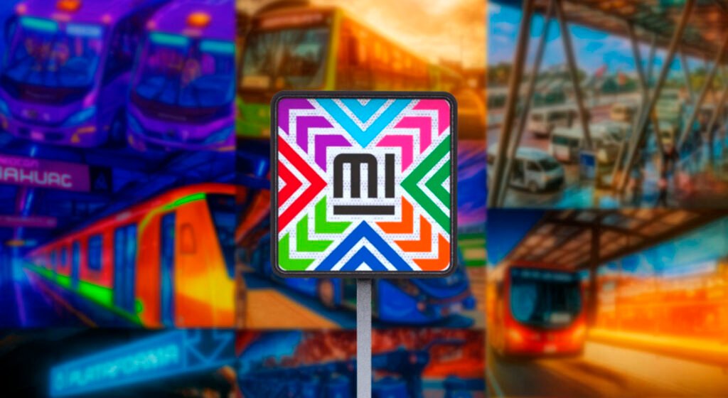 Señal principal de Movilidad Integrada con diseño multicolor e ícono central MI, con fondo de transporte multimodal. Representa la identidad visual unificada del sistema de transporte público en la Ciudad de México.  Parte de las Señales de movilidad integrada.