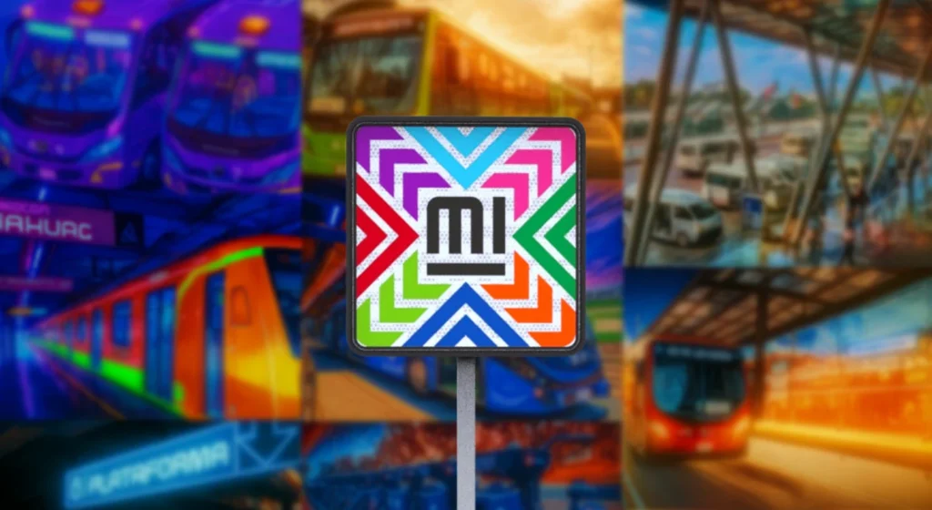 Señal principal de Movilidad Integrada con diseño multicolor e ícono central MI, con fondo de transporte multimodal. Representa la identidad visual unificada del sistema de transporte público en la Ciudad de México. Parte de las Señales de movilidad integrada.