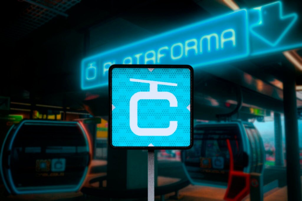  Señal de movilidad integrada del Cablebús con diseño azul y símbolo de cabina aérea, colocada en estación de plataforma. Representa el sistema de teleférico urbano de la CDMX.  Parte de las Señales de movilidad integrada.