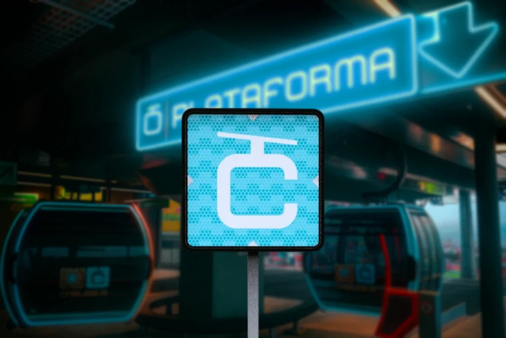  Señal de movilidad integrada del Cablebús con diseño azul y símbolo de cabina aérea, colocada en estación de plataforma. Representa el sistema de teleférico urbano de la CDMX.  Parte de las Señales de movilidad integrada.