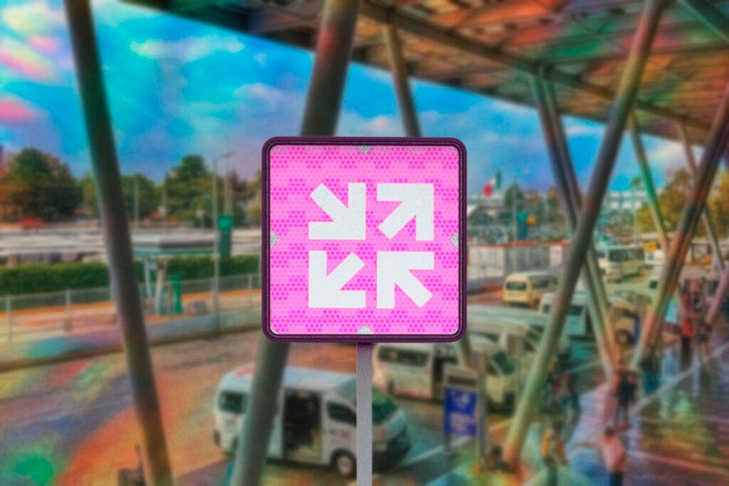 Señal de movilidad integrada CETRAM con flechas de conexión, ubicada en un centro de transferencia modal de transporte público en la Ciudad de México.  Parte de las Señales de movilidad integrada.