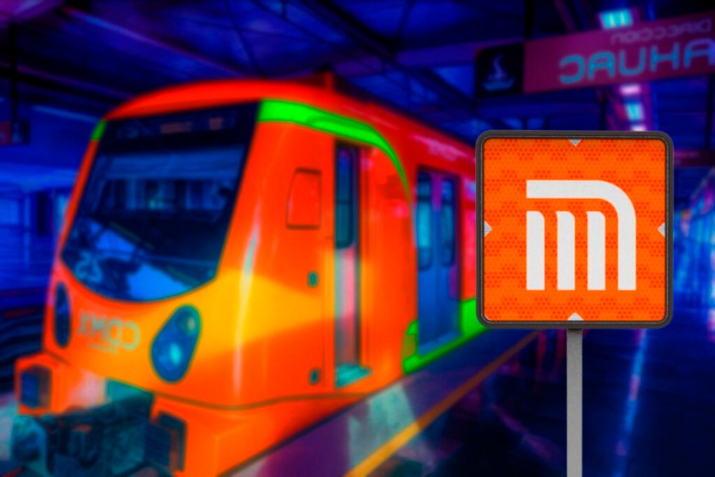 Señal del Metro de la Ciudad de México con fondo naranja, ubicada frente a tren naranja. Parte de la red de señales de movilidad integrada que guía a millones de usuarios.  Parte de las Señales de movilidad integrada.
