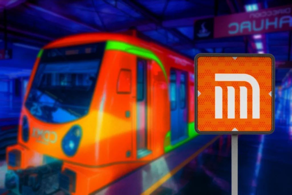 Señal del Metro de la Ciudad de México con fondo naranja, ubicada frente a tren naranja. Parte de la red de señales de movilidad integrada que guía a millones de usuarios.  Parte de las Señales de movilidad integrada.