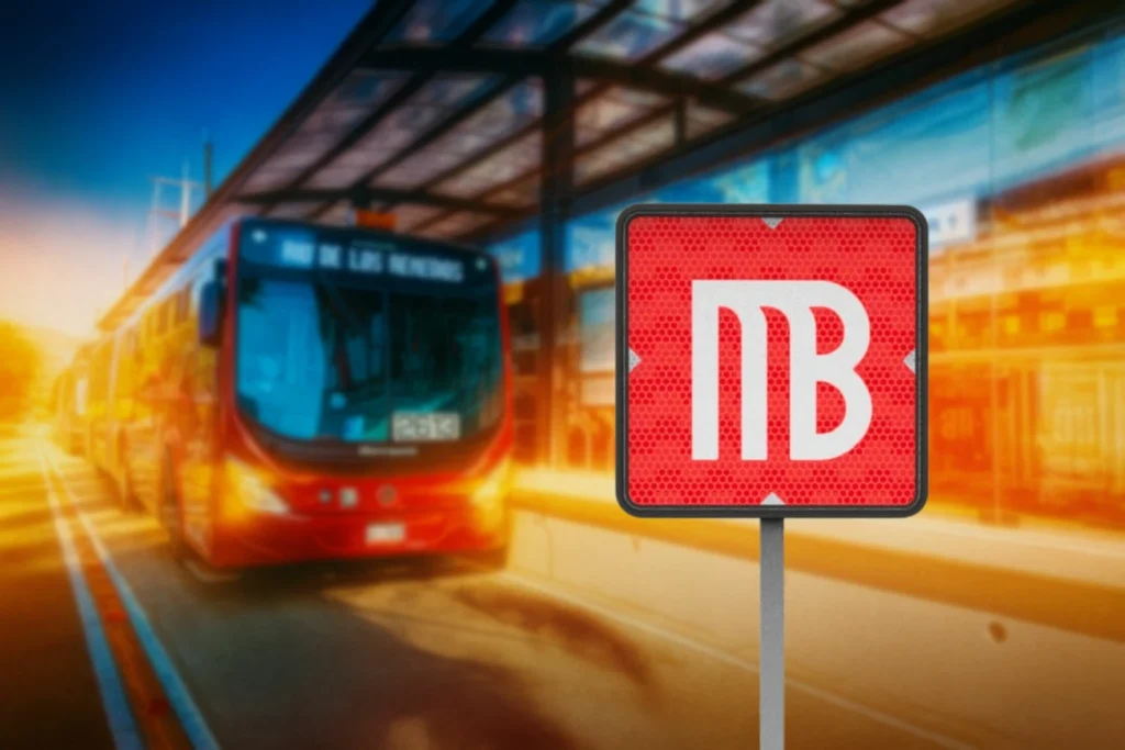 Señal de Metrobús con diseño rojo y logotipo oficial, ubicada en una estación de autobuses articulados en la CDMX. Forma parte de la señalética de movilidad integrada urbana.  Parte de las Señales de movilidad integrada.