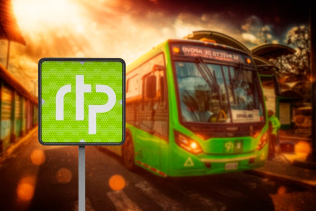Señal de movilidad integrada RTP en color verde, instalada junto a unidad de transporte público de la Red de Transporte de Pasajeros en la Ciudad de México. Parte de las Señales de movilidad integrada.
