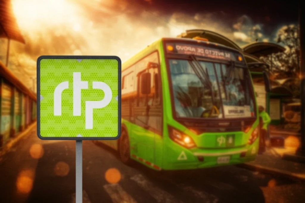 Señal de movilidad integrada RTP en color verde, instalada junto a unidad de transporte público de la Red de Transporte de Pasajeros en la Ciudad de México. Parte de las Señales de movilidad integrada.