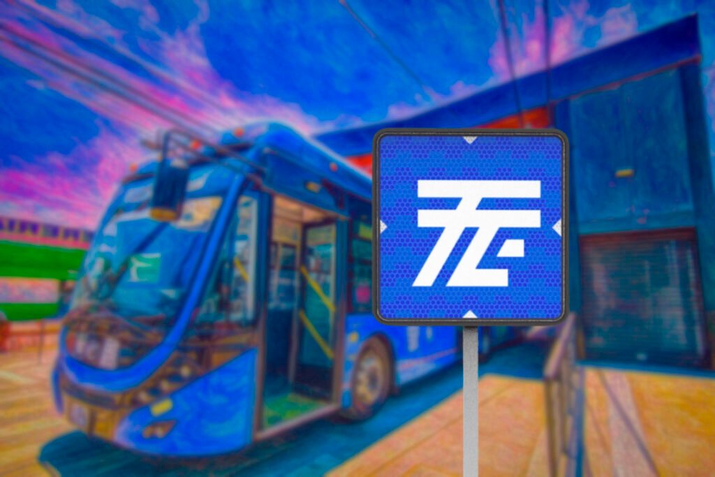 Señal azul de Trolebús con logotipo oficial, instalada frente a unidad eléctrica del sistema STE en la CDMX. Parte de las señales de movilidad integrada que orientan al usuario.  Parte de las Señales de movilidad integrada.