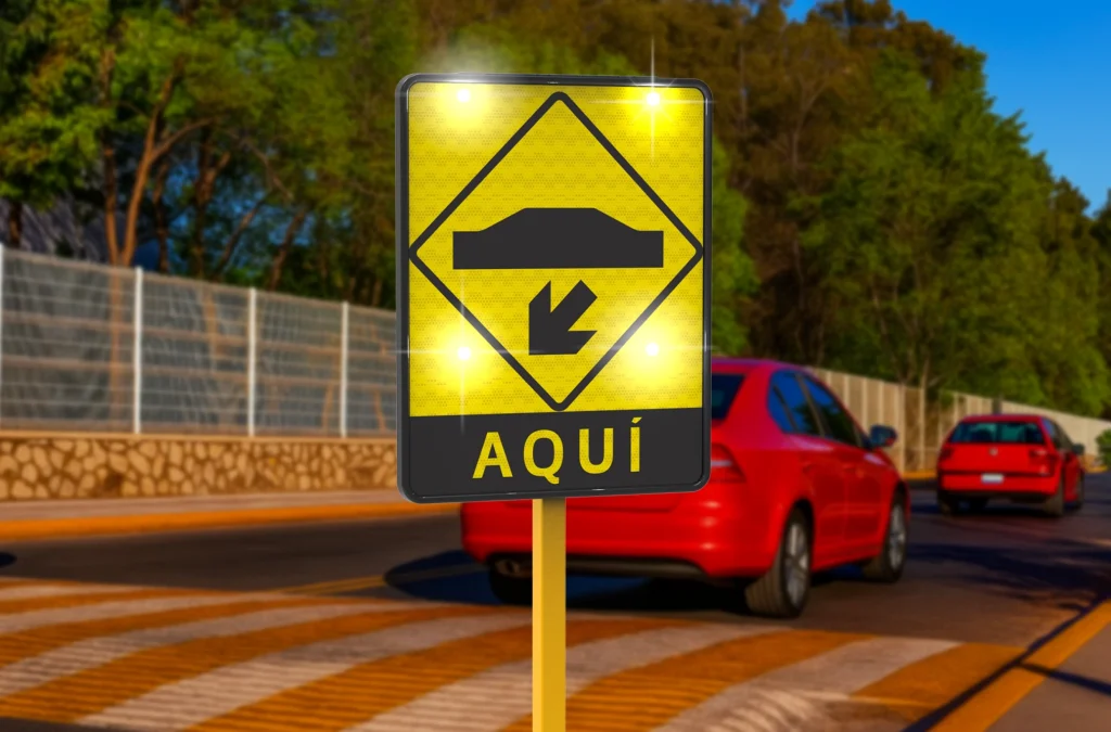 Señal de tope instalada frente a topes modulares en avenida urbana, guiando a los conductores para frenar con anticipación.