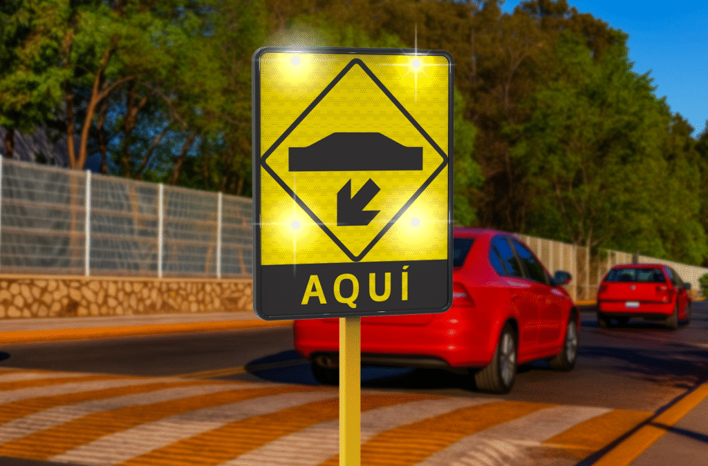 Señal de tope instalada frente a topes modulares en avenida urbana, guiando a los conductores para frenar con anticipación.