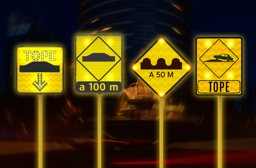  Varias señales de tope con sistema reflectante y luces LED en zona urbana, visibles a larga distancia para mayor seguridad vial.