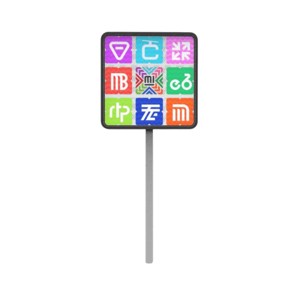 Señal de movilidad integrada con íconos de Metro, Metrobús, RTP, Trolebús, Cablebús, Ecobici y CETRAM, representando la conexión visual del transporte público en la Ciudad de México.  Parte de las Señales de movilidad integrada.