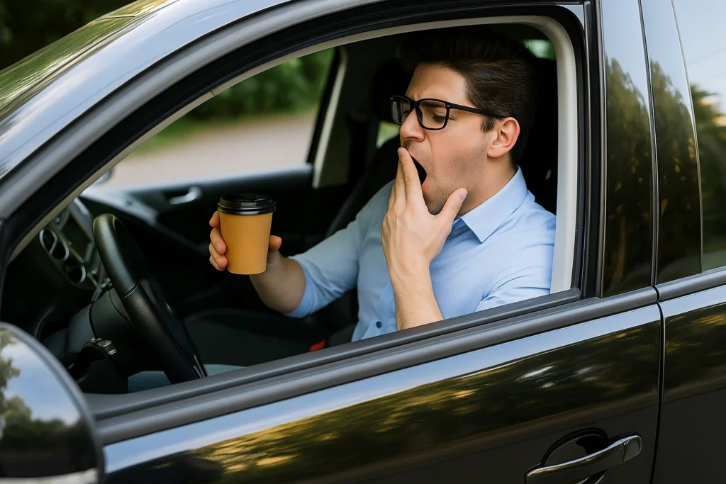 Conductor bostezando al volante, ejemplo de fatiga que incrementa el riesgo de accidentes en auto por falta de descanso.