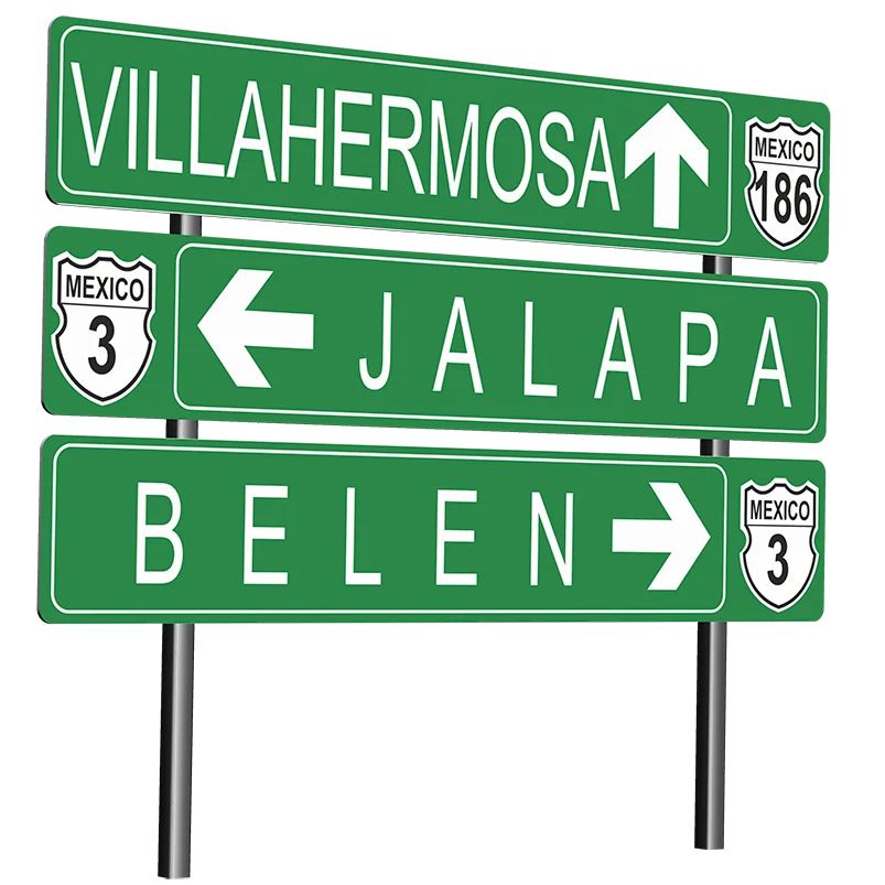 Conjunto de señales verdes con destinos a Villahermosa al frente, Jalapa a la izquierda y Belén a la derecha, rutas México 186 y 3. SID-10