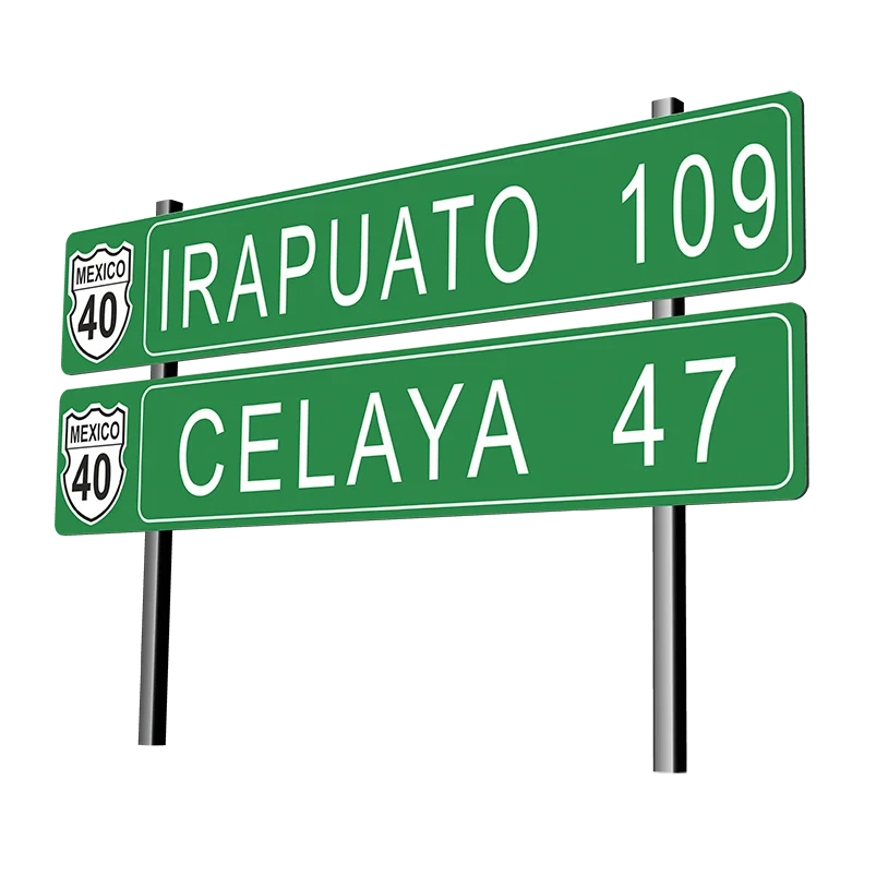 Señales verdes de carretera con distancias hacia Irapuato 109 km y Celaya 47 km en la ruta México 40. SID-11
