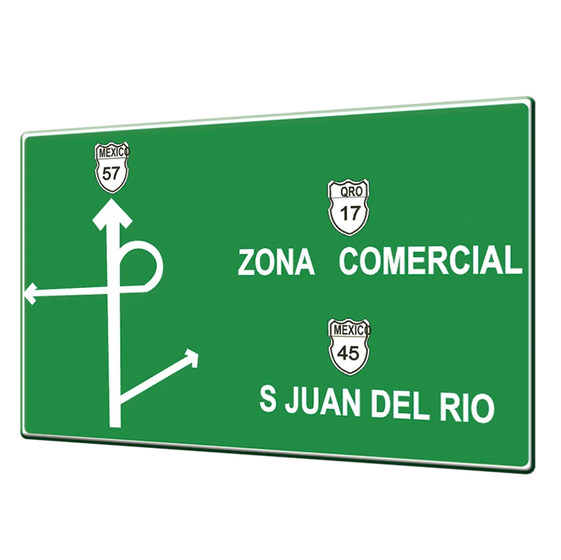 Señal verde informativa que muestra diagrama de salidas hacia zona comercial y San Juan del Río en las carreteras México 57, México 45 y Querétaro 17. SID-12