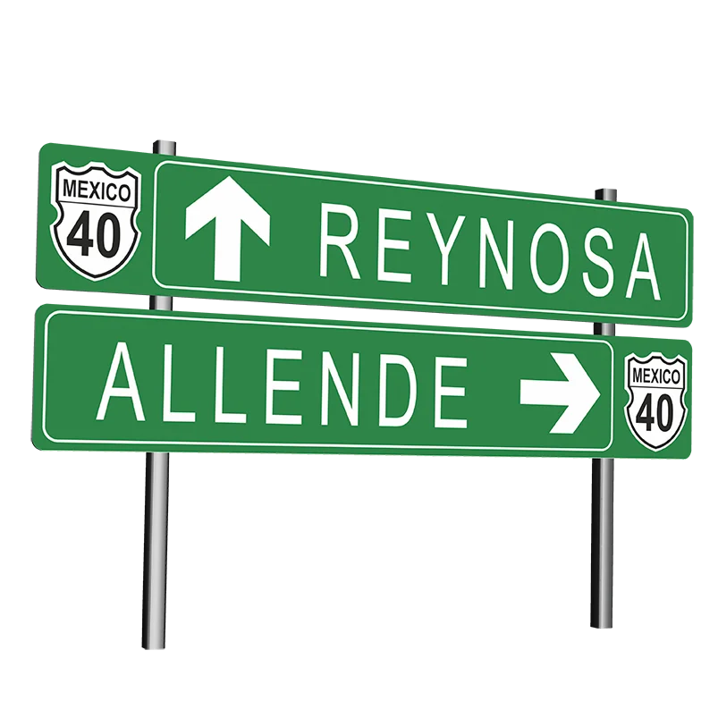 Señales verdes de carretera con indicaciones hacia Reynosa derecho y Allende a la derecha en la autopista México 40. SID-9