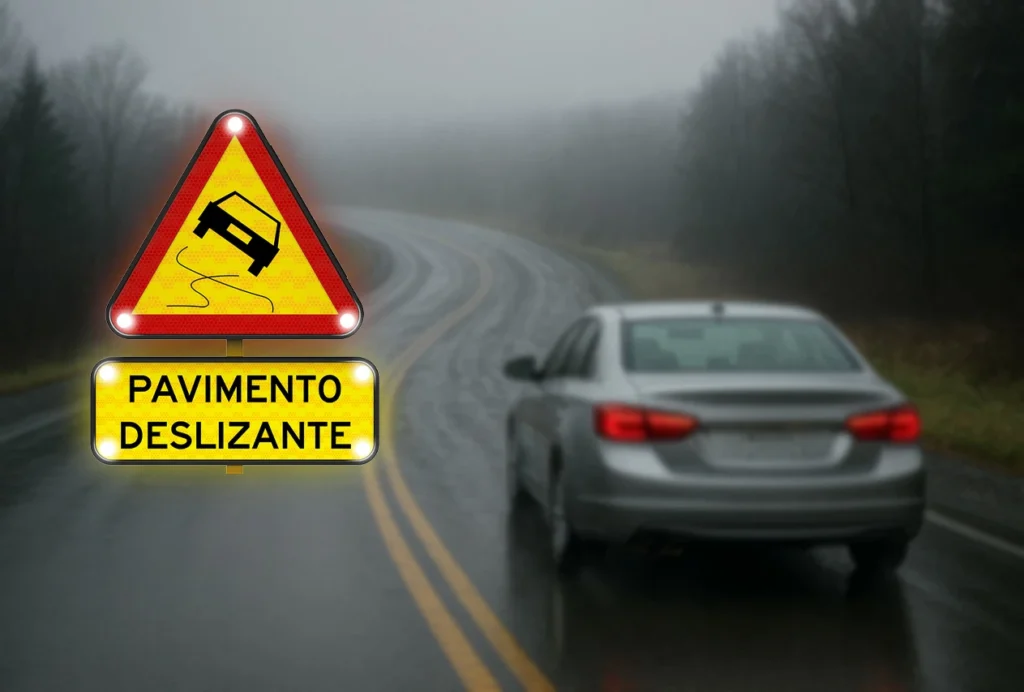 Señales triangulares luminosas para alertar sobre pavimento deslizante en carreteras con lluvia o niebla.