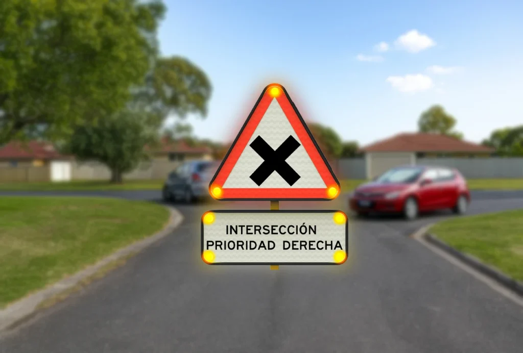  Señales triangulares reflectantes con aviso de intersección con prioridad a la derecha para prevenir accidentes viales.