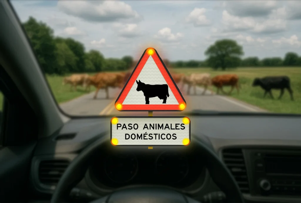 Señales triangulares de advertencia para paso de animales domésticos en caminos rurales y zonas de campo.