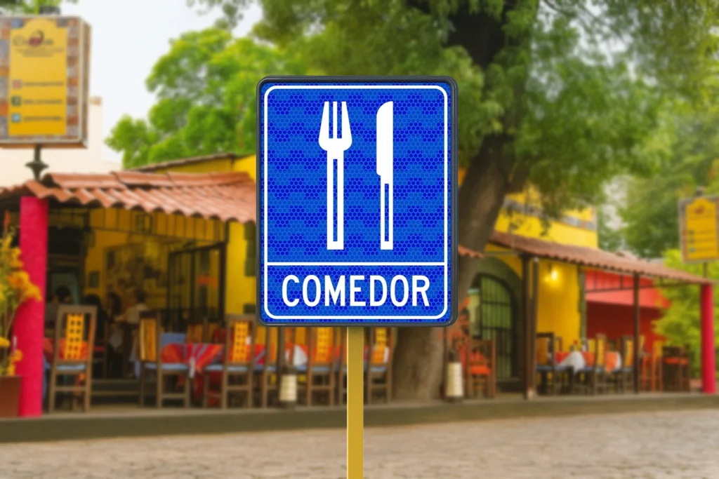 Señal turística de restaurante con pictograma de cubiertos sobre fondo azul frente a un comedor típico mexicano.
