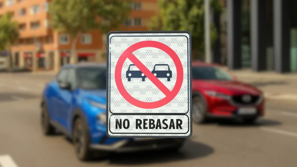 Señal de tránsito restrictiva de no rebasar, que impide adelantar a otros vehículos en tramos de riesgo.