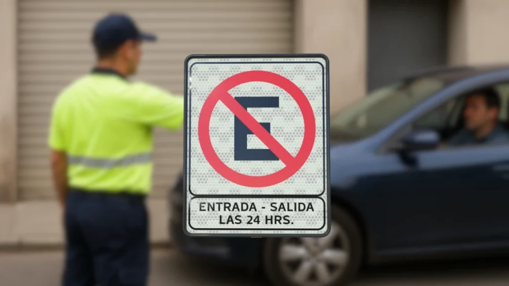 Señal de tránsito restrictiva de no estacionarse, que prohíbe dejar vehículos en zonas de acceso y salida las 24 horas.