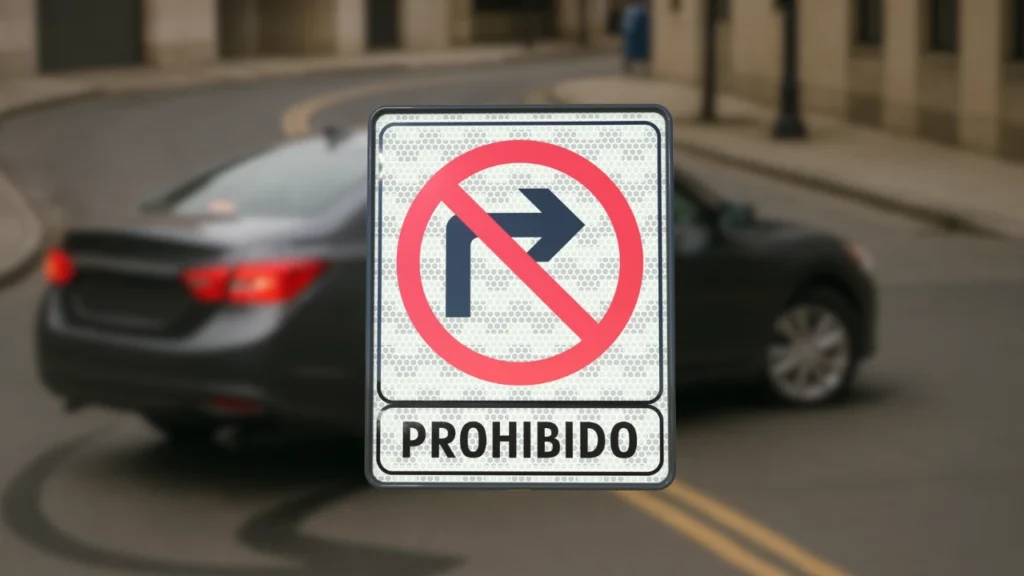 Señal de tránsito restrictiva de vuelta prohibida a la derecha, que evita giros peligrosos y mejora la seguridad vial.