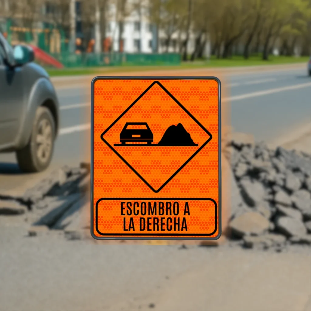 Señal de color naranja que advierte sobre escombro a la derecha en la vía para alertar a los conductores y prevenir accidentes.