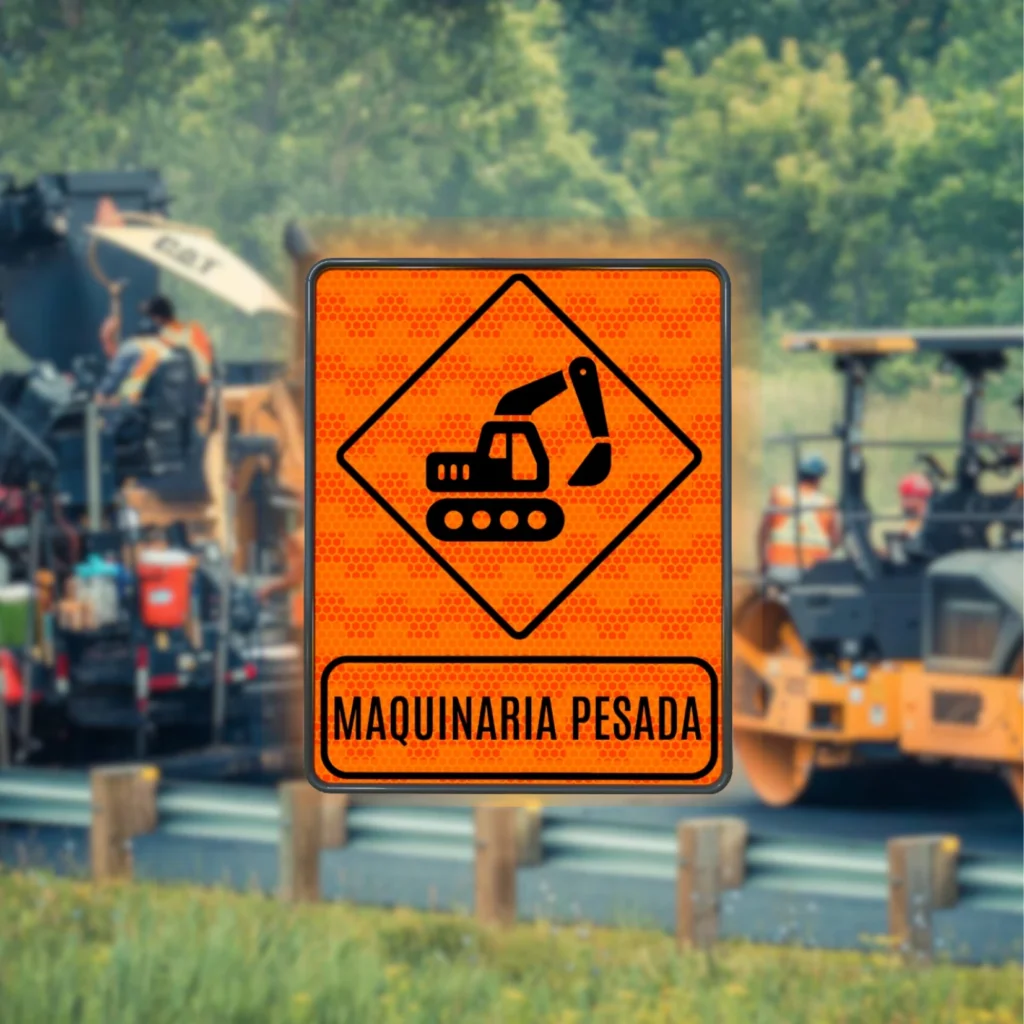 Señal de color naranja que indica la presencia de maquinaria pesada en la zona de obras para extremar precauciones.