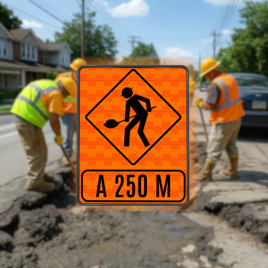 Señal de color naranja que advierte sobre trabajos en la vía a 250 metros para reducir la velocidad y conducir con precaución.