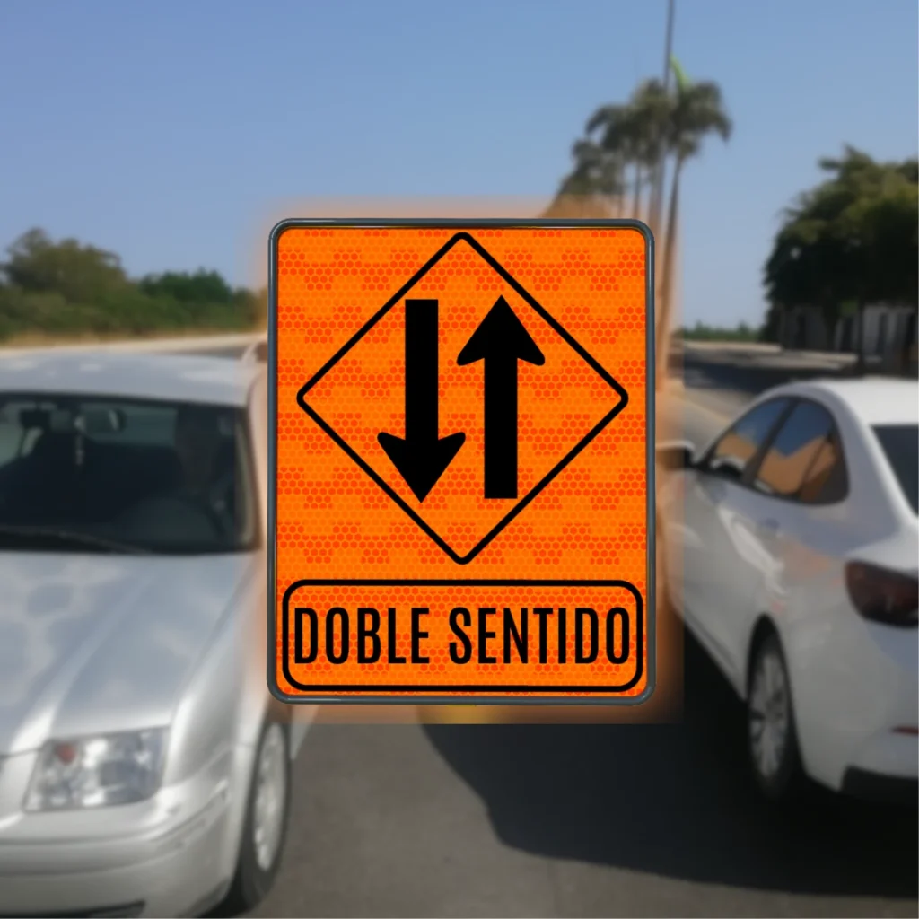 Señal de color naranja que indica doble sentido de circulación en un tramo de la carretera debido a obras o desvíos.