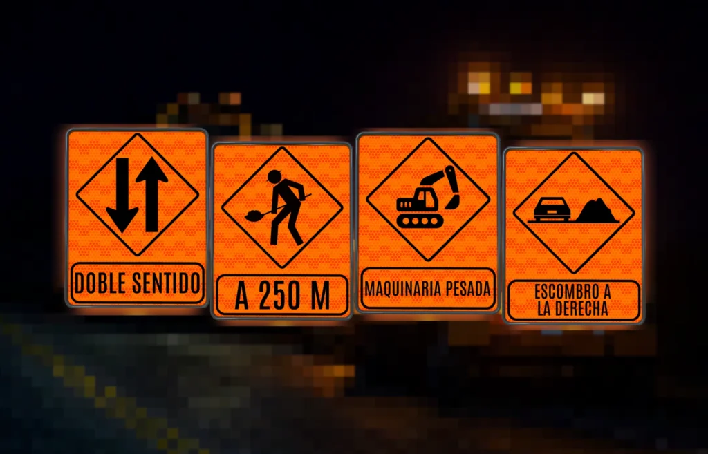 Señales de color naranja para obras viales que incluyen doble sentido, zona de trabajos, maquinaria pesada y escombro a la derecha.