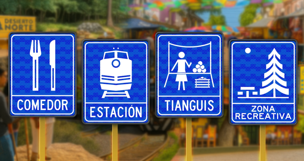 Cuatro señales turísticas en color azul que indican comedor, estación de tren, tianguis y zona recreativa, colocadas en un entorno que combina paisajes naturales y urbanos.