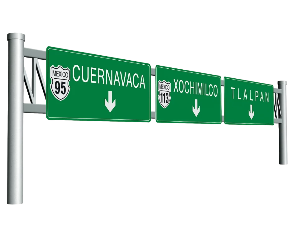 Señal aérea verde con destinos a Cuernavaca, Xochimilco y Tlalpan, sobre las carreteras México 95 y 113.  SID-15