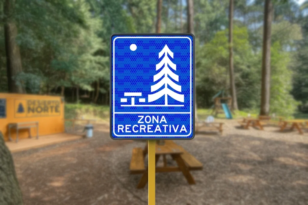 Señal turística de zona recreativa con pictograma de pino y mesa de picnic sobre fondo azul en un parque natural.