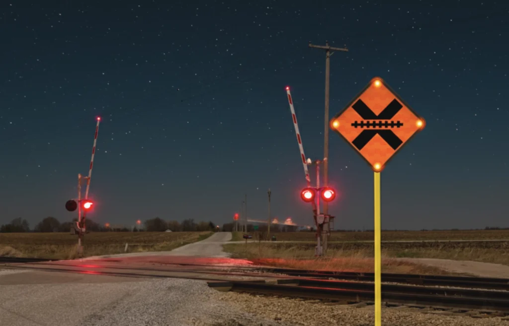Señal de cruce de ferrocariles en la carretera.