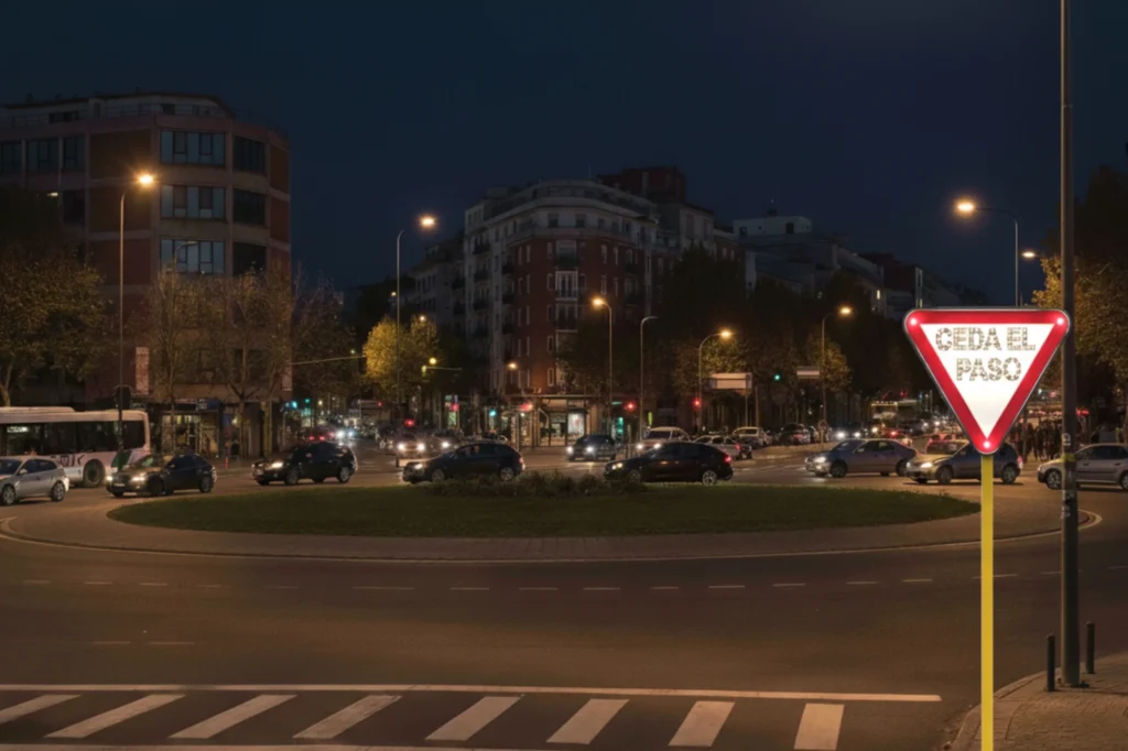 Señal de ceda el paso con luces LED en carretera para mayor visibilidad nocturna