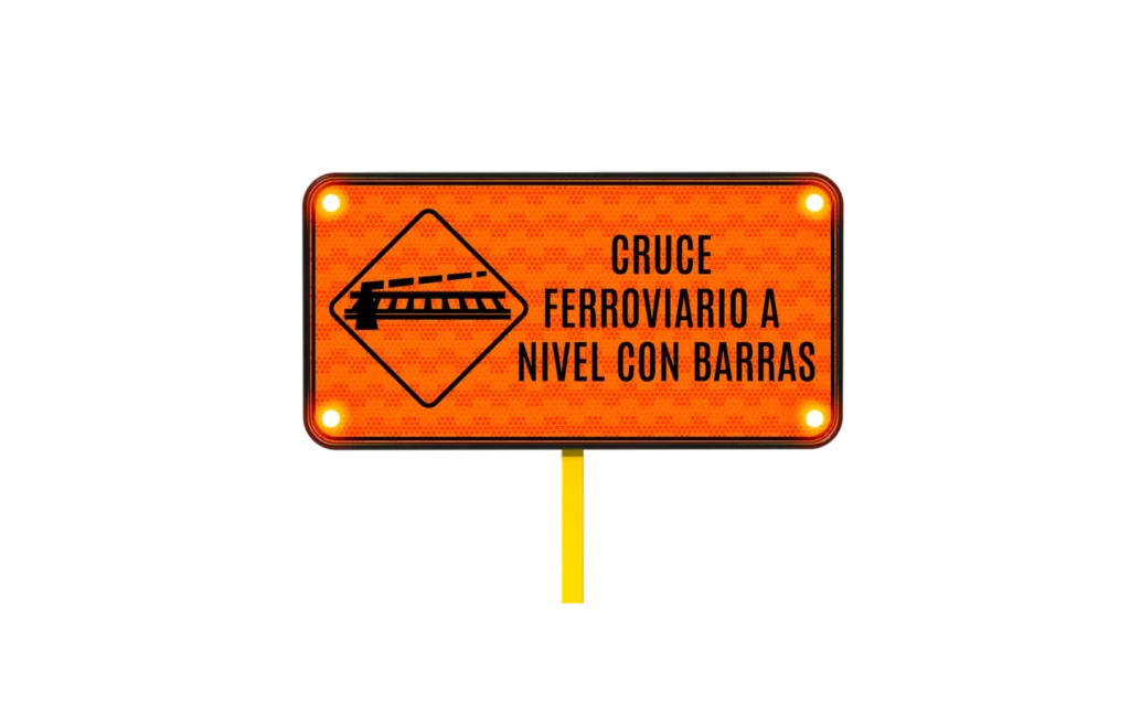 Señal de cruce de ferrocarril a nivel con barreras