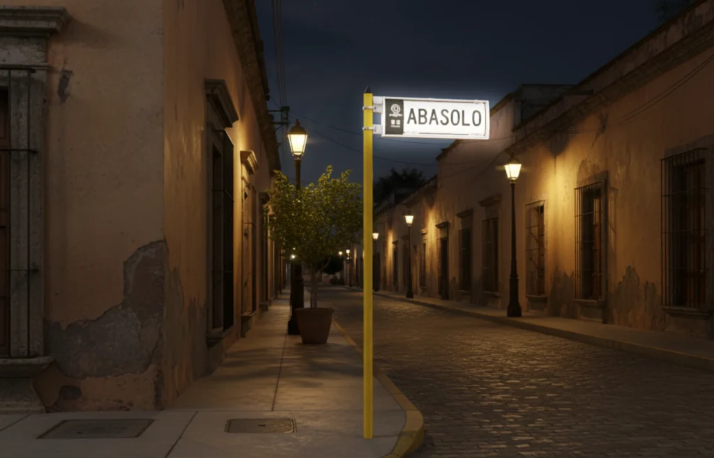 Señal urbana iluminada con tecnología solar en calle histórica, muestra la visibilidad nocturna del letrero.