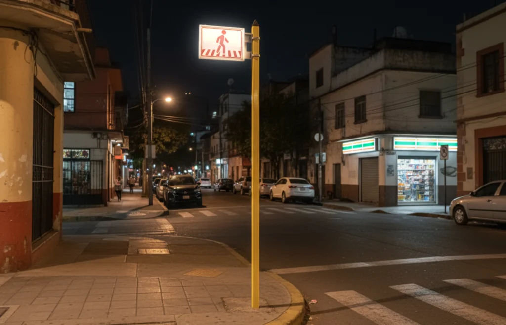 Dispositivo vial compacto con iluminación solar colocado en una intersección, guía a peatones y conductores en zonas urbanas.