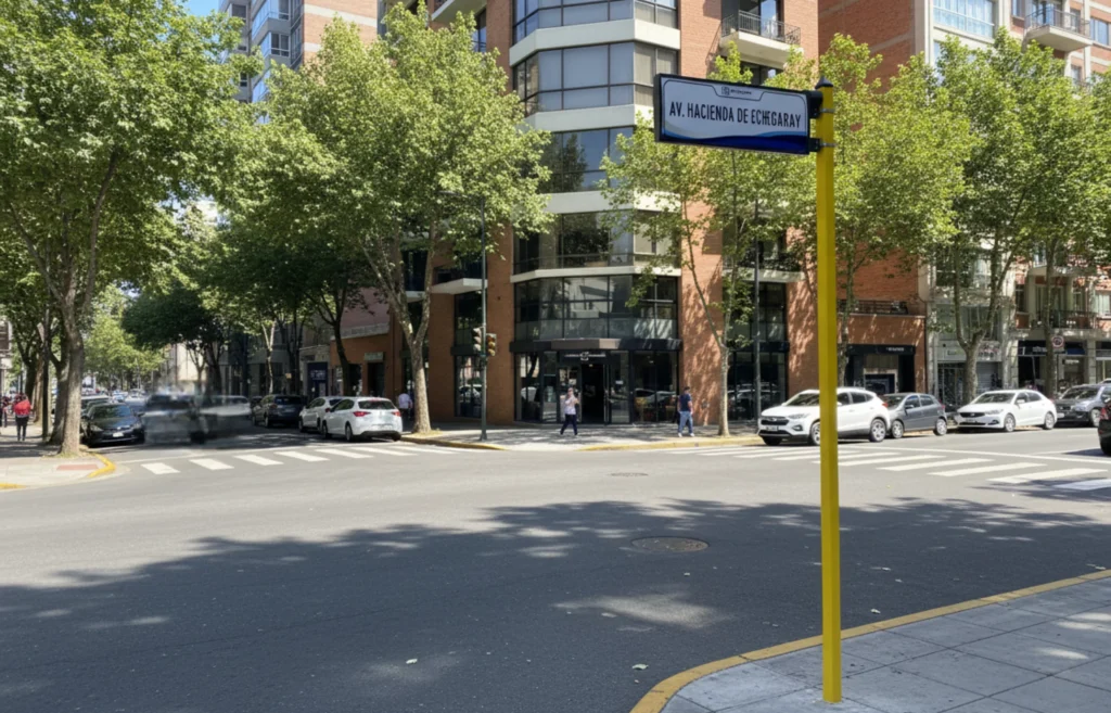 Letrero vial instalado en avenida urbana, muestra el nombre de la calle con alta visibilidad en un cruce peatonal rodeado de edificios y árboles.