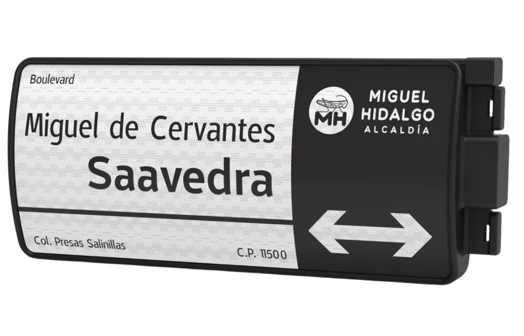 Modelo contemporáneo en color negro con reflejante, empleado en colonias y vialidades para reforzar la identidad urbana.