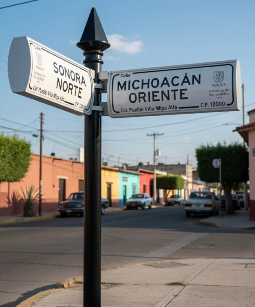 Letreros viales instalados en poste metálico, señalan con claridad calles y orientan a los habitantes de barrios tradicionales.