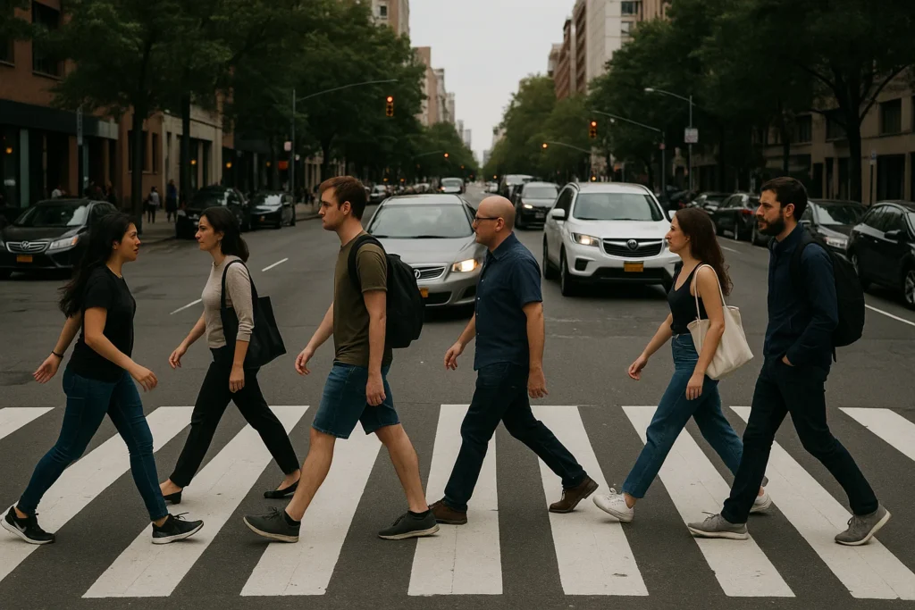 Personas cruzando en señal de paso peatonal en una avenida concurrida de la ciudad