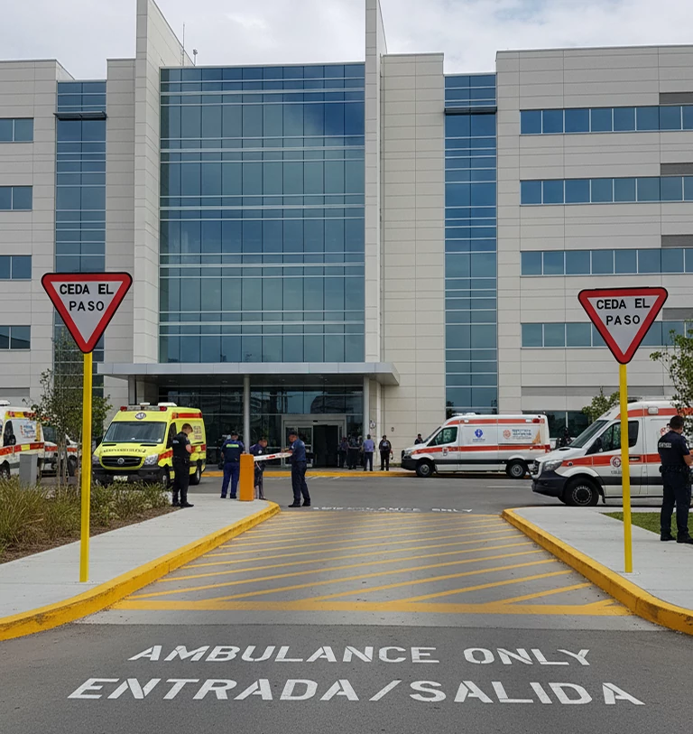 Señal de preferencia de paso en acceso de ambulancias de hospital