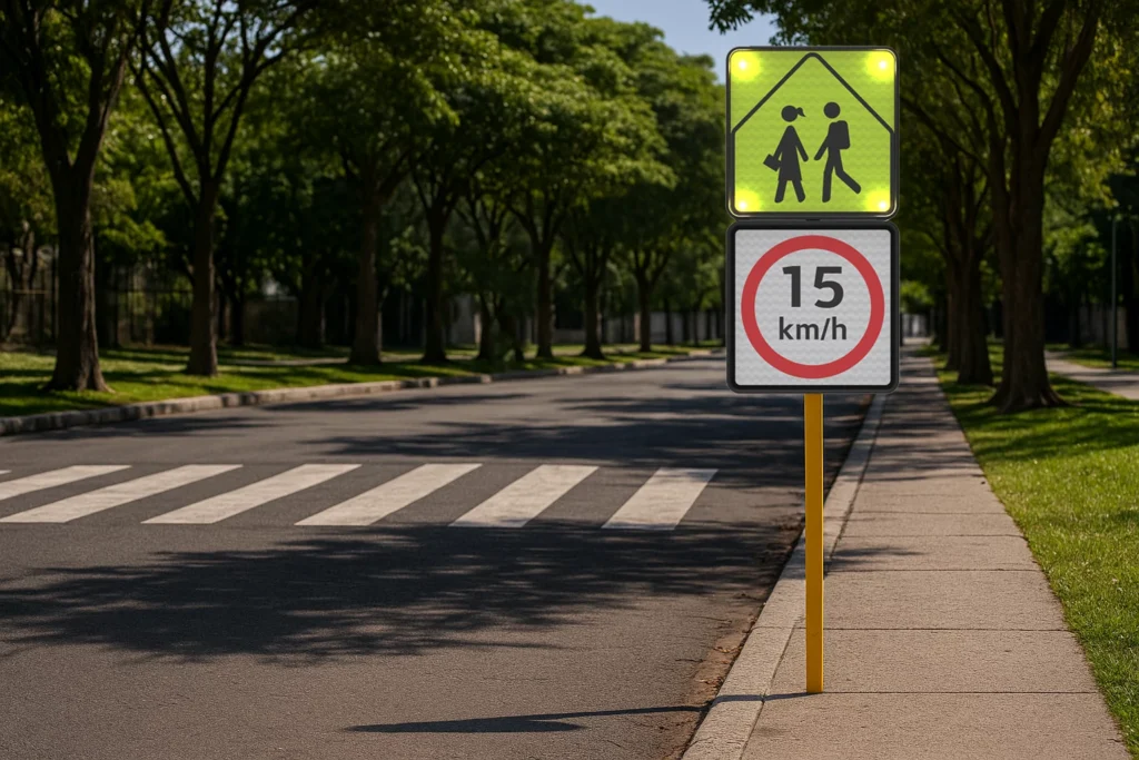 Señal de cruce escolar con luces LED y señal de límite de velocidad 15 km/h en calle con paso peatonal, ejemplo de señalamientos escolares preventivos.