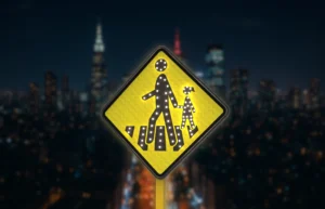 Señal de paso peatonal luminosa con luces LED que advierte a conductores y protege a peatones en cruces urbanos nocturnos