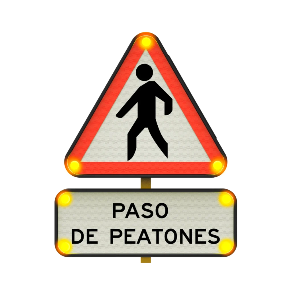Señal de paso peatonal triangular con borde rojo y luces LED para seguridad vial en cruces de peatones