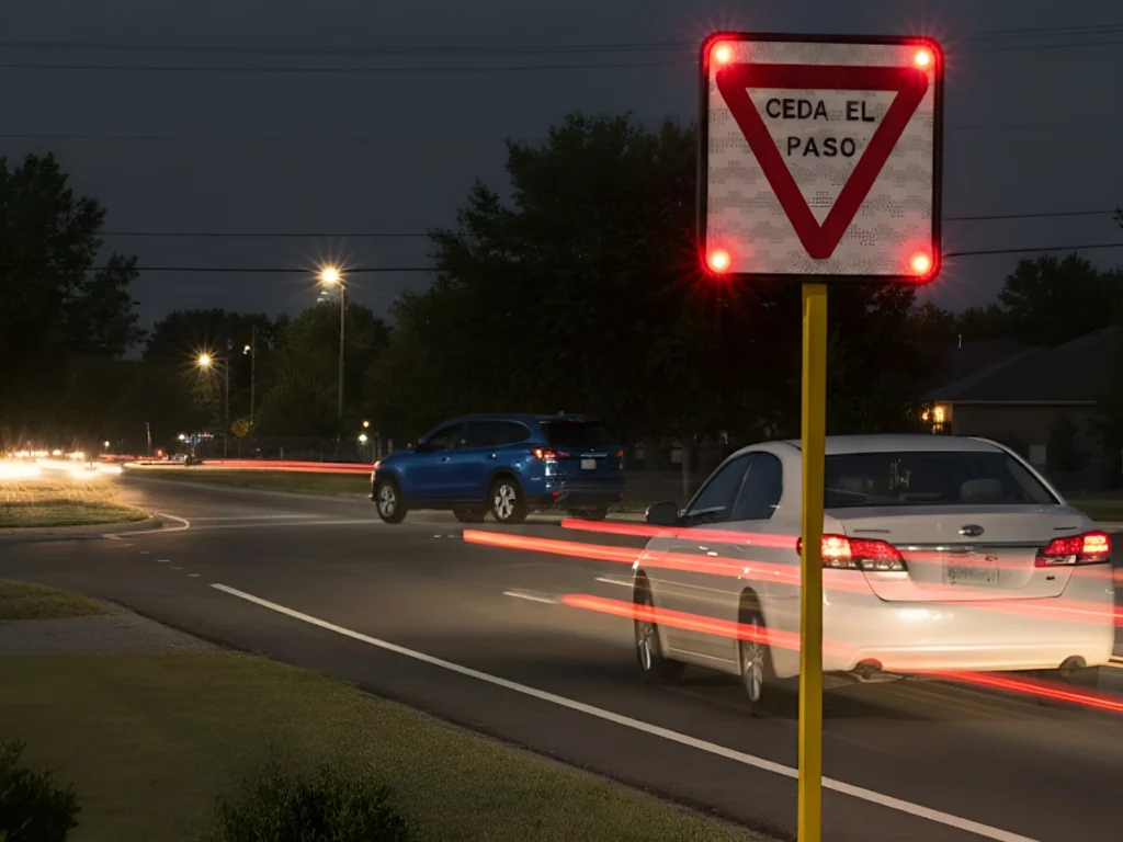 Señal de ceda el paso con luces LED en carretera para mayor visibilidad nocturna