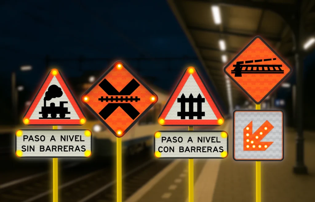 Conjunto de señales viales ferroviarias con variantes.